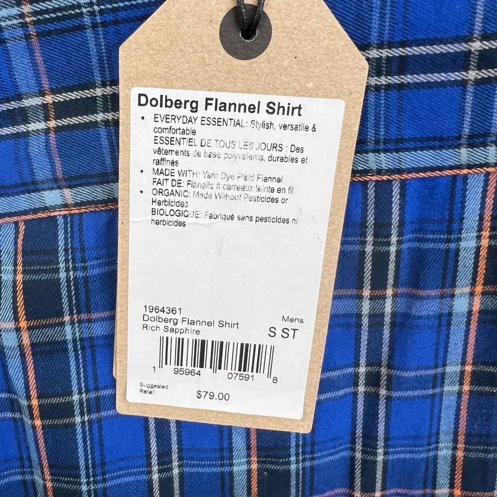 PrAna Mens Shirt Blue Dolberg Flannel Shirt Plaid Button Up Organic‎ Cotton Sz S